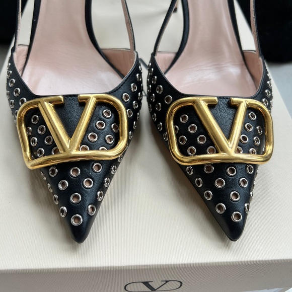 Valentino V Logo Perforated Black and Gold Women's Shoes sz 39 - Picture 7 of 12